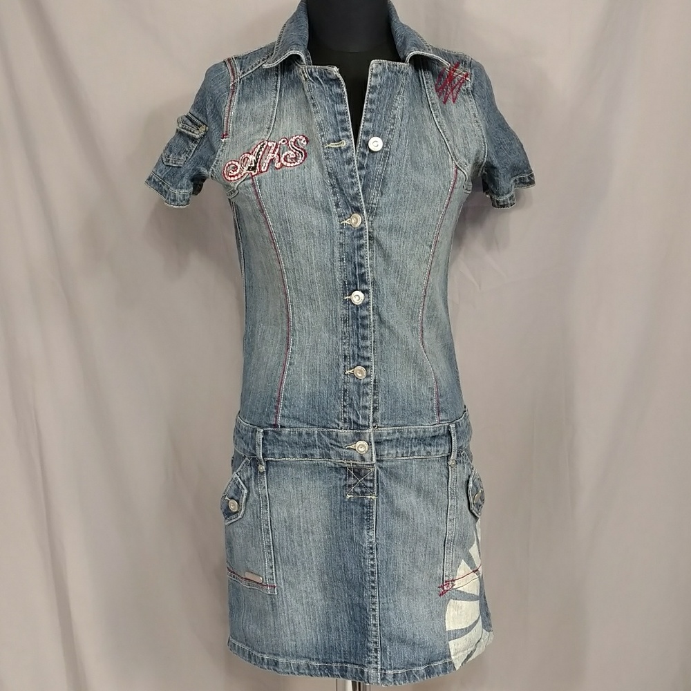 Akademiks Denim Mini Dress Drop Waist  w Spandex stretch Hip Hugger Juniors sz